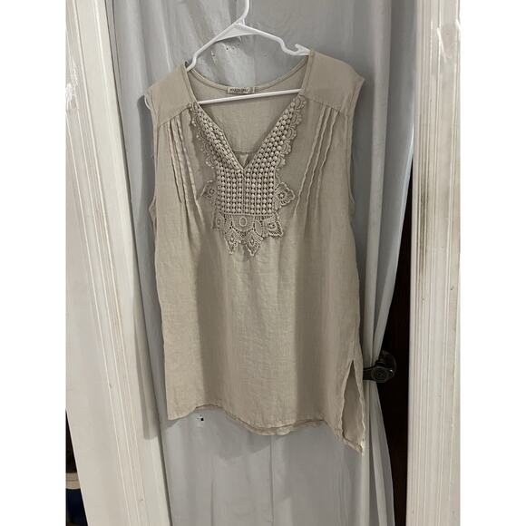 Marina Gigli Tan Linen Made In Italy Pleated Front Tunic Top Sz L - Picture 1 of 6